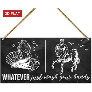 Funny Bathroom Sign Wood Decor, Gender Neutral Bathroom Sign Decoration Toilet Restroom Mermaid Centaur Wall Decor, Whatever Just Wash Your Hands  3.93x7.87 inch
