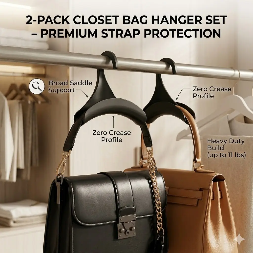 2-Pack Closet Purse Hangers - Heavy Duty Bag Holder with Wide Hooks, Crease-Free Closet Organization Tool for Streamline Setup, Protects Bag Straps & Shapes, Fits Any Rod, Space-Saving for Key Accessories