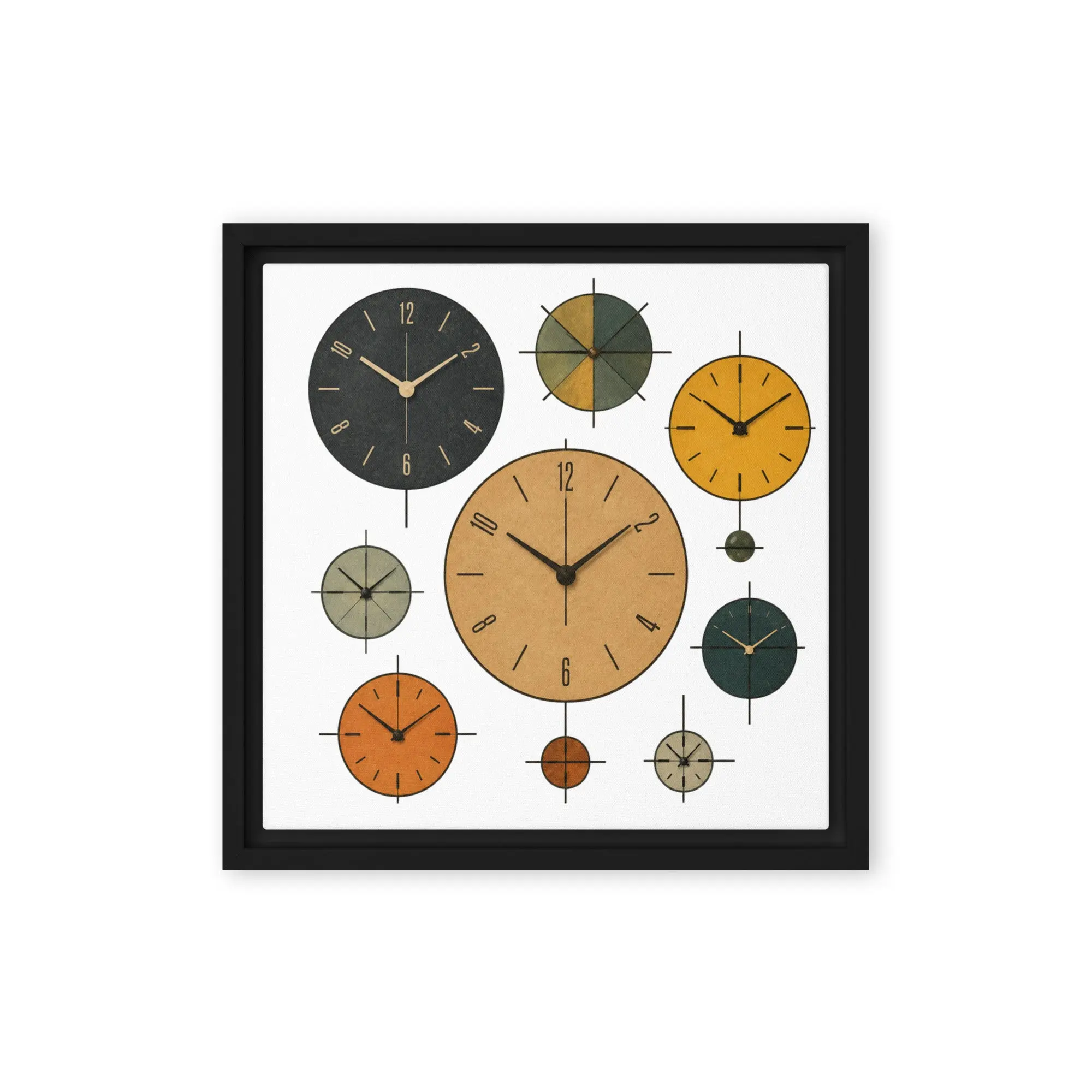 Timekeeper - Mid-Century Modern Clock Framed Canvas Wall Art