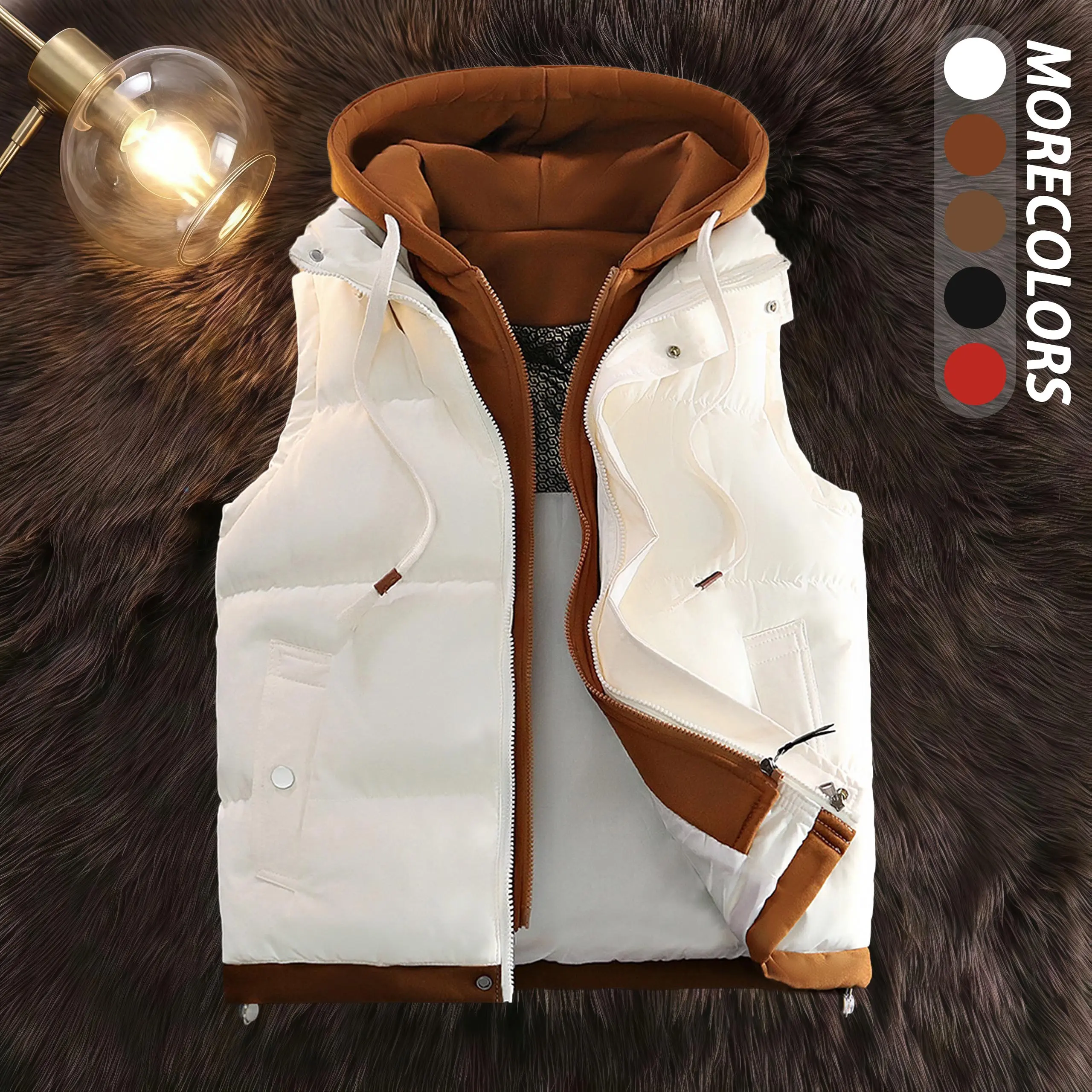 Winter couples’ sleeveless vest set, stylish two-piece design featuring a hooded warm vest; unisex outerwear; matching men’s/women’s vests; thickened polyester fiber material; slim fit; foldable; outdoor casual warmth; machine washable; formal vest.