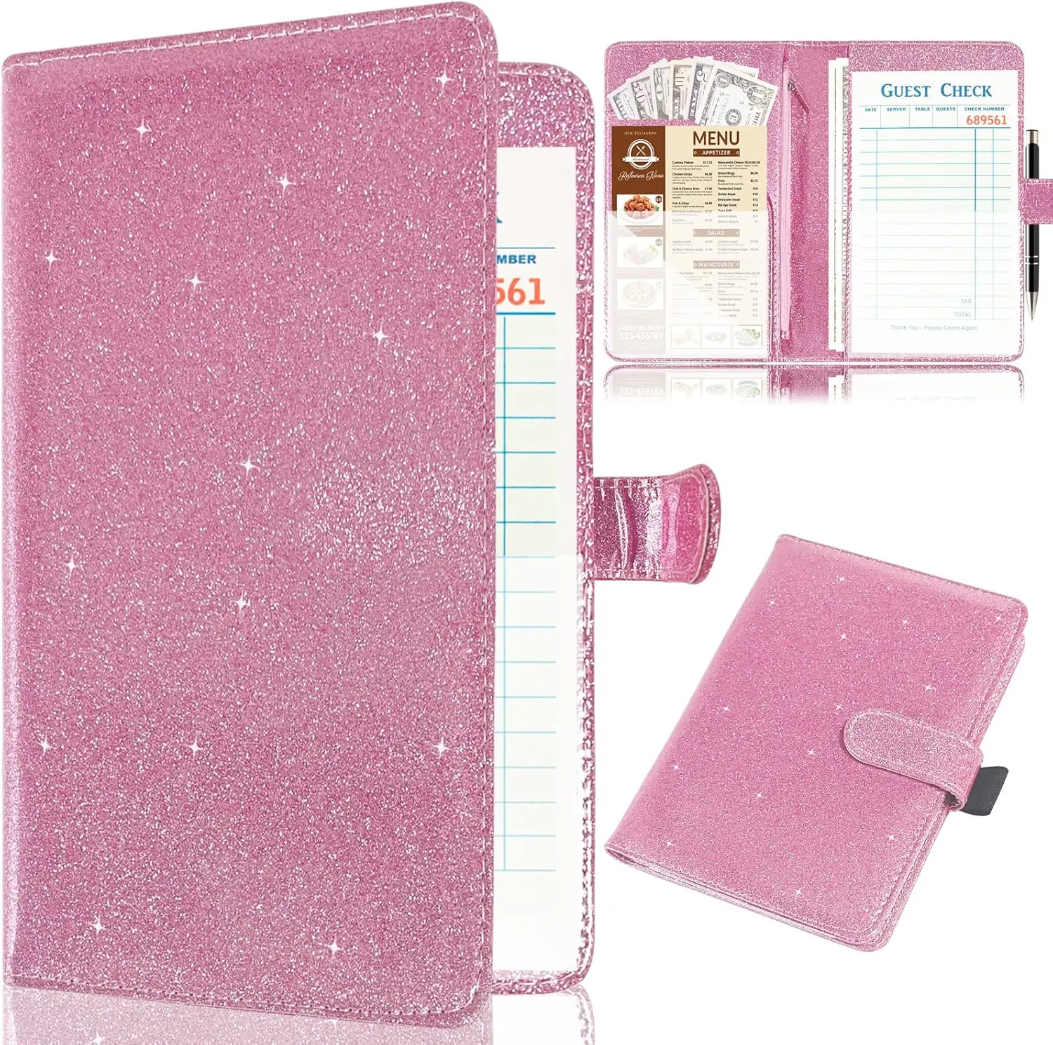 Server Book for Waitress,Leather Waiter Book Organizer with Zipper Pocket, Bling Waitress  Wallet and Pen Holder, Restaurant Waitstaff Organizer, Glitter