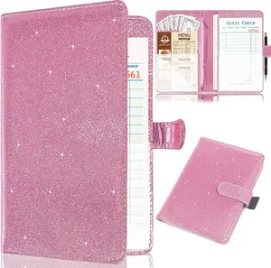 Server Book for Waitress,Leather Waiter Book Organizer with Zipper Pocket, Bling Waitress  Wallet and Pen Holder, Restaurant Waitstaff Organizer, Glitter