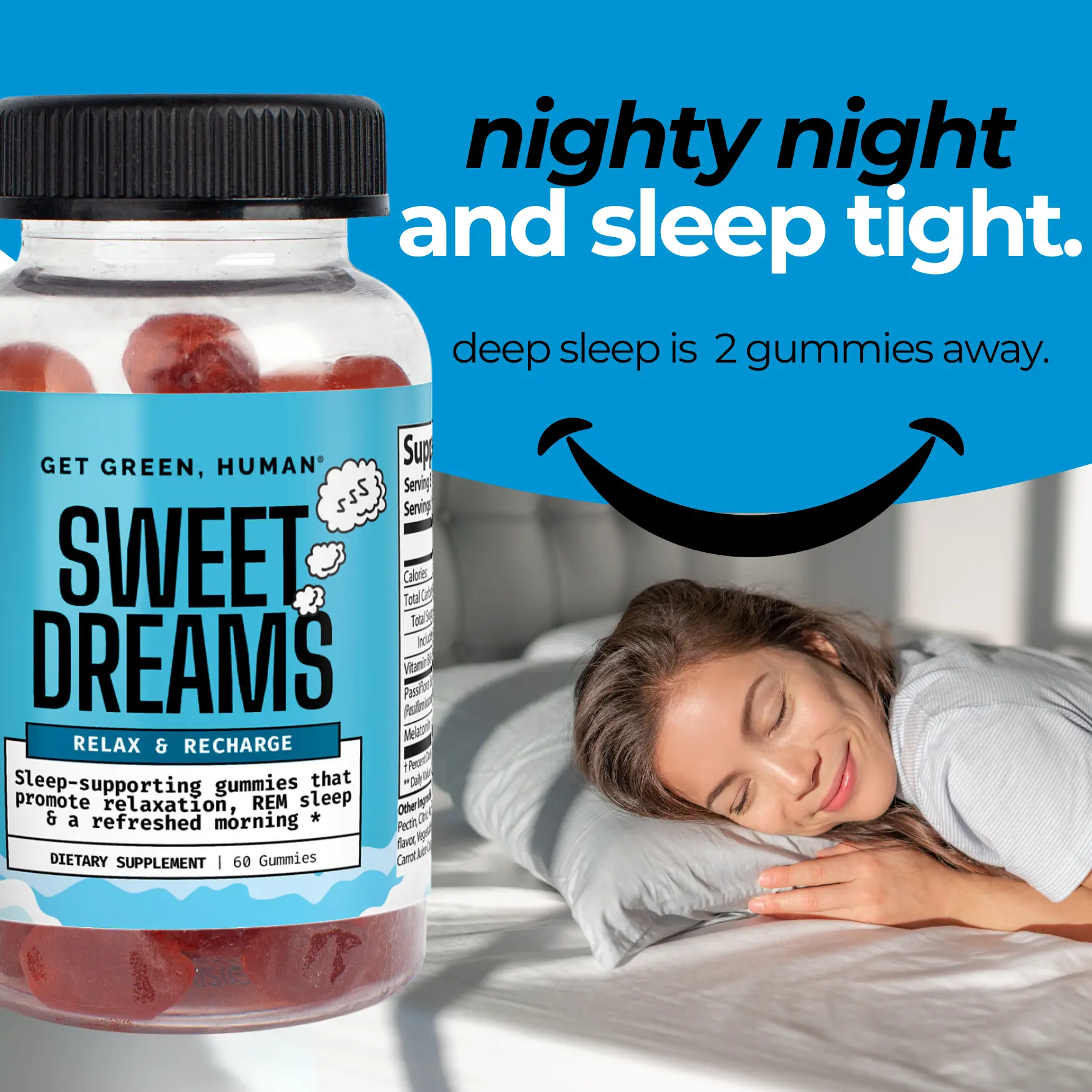 Sweet Dreams Gummies Get Green Human Vegan Sleep Supplement with Melatonin and Passiflora for Natural Rest and Relaxation 60 Count