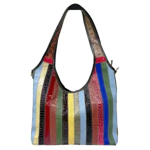 New genuine leather bag, European and American snake skin pattern, lacquered stripes, color-blocked tassel, handheld, shoulder crossbody women's tote bag, fashionable-HDXk049