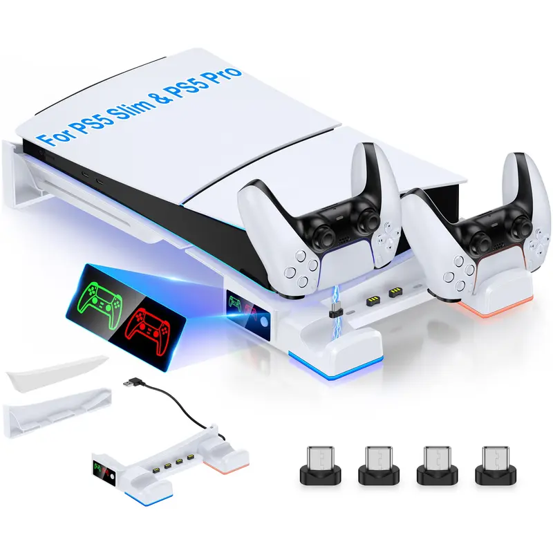 BEBONCOOL Rechargeable USB Horizontal Stand with LED Atmosphere Light, Overvoltage Guard, 30cm Power Cord - Gaming Products, Console Gaming Accessory, Game Peripherals for 2023 PS5 Slim Console (Optical Drive & Digital Versions Compatible)
