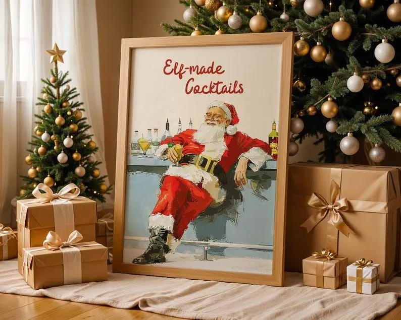 Retro Santa Bar Print, Elf-Made Cocktails Christmas Poster, Funny Holiday Wall Art, Vintage Santa Claus Drink Decor Gift