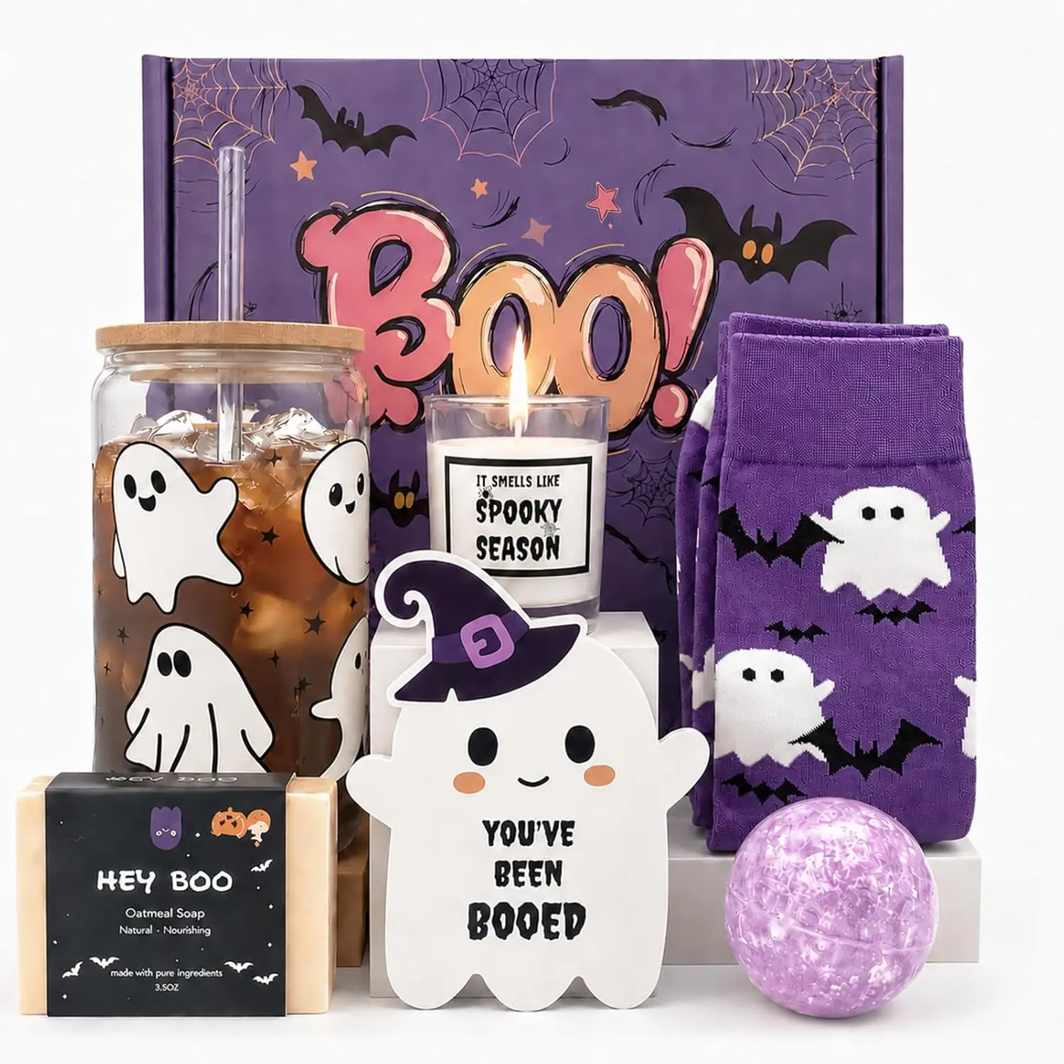 Halloween Boo Basket Stuffers for Women, Cute Boo Basket Gift Set for Women, Teens & Girls, Spooky Halloween Gifts for Her, Sister, Best Friend, Adult Women, Halloween Glass Cup Gift Basket, Fall Halloween Party Gift
