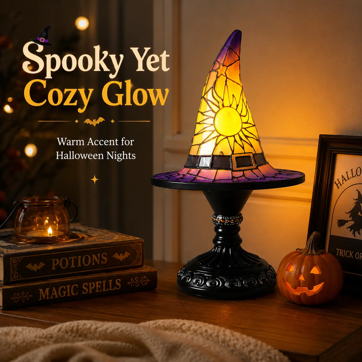 Stained Glass Witch Hat Lamp, Handcrafted Retro Resin Witch Lamp, USB-Powered Gothic Wizard Hats Night Light, Halloween Accent Decorative Light for Bedroom & Bookshelf