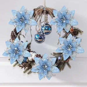 Trending 20Pcs 5.2 Inch Poinsettia Flowers | Glitter Artificial Christmas Blooms with Clips | Xmas Tree Ornaments for Wreath Garland Party Decor | Sky Blue