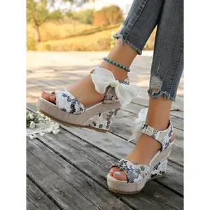 Ethnic Flower Bow High Heel Waterproof Platform Fish Mouth Sandals Women's Summer New Outdoor Slope Heel Thick soled ShoesRAIMENTRY