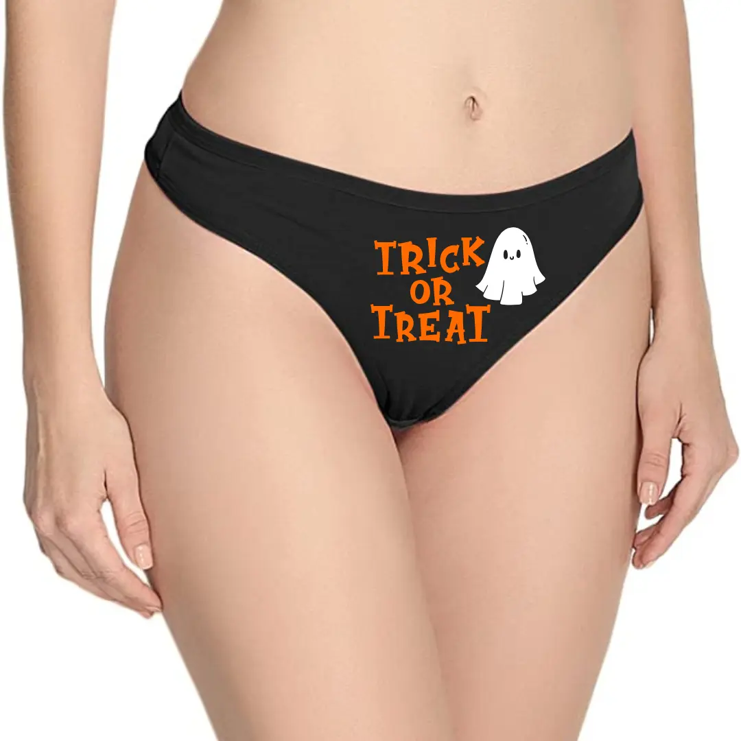 Women's Soft Cotton Fabric Halloween Thong Panties - Fun Print, Trick-or-Treat Themed Underwear