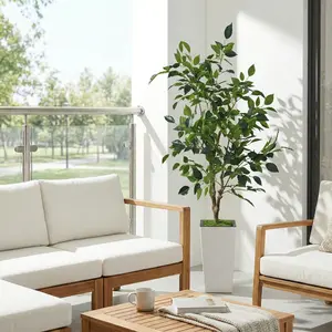 Realistic 4/5/6ft Artificial Ficus Tree with White Planter - Lifelike Silk Faux Greenery for Modern Home Decor, Living Room & Office