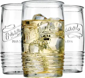 Glaver's Set of 8 Tumbler Glass Cups 20 OZ Mason Stemless Tall Drinking Glasses For Everyday Use, Modern yet Vintage Original Mason Logo Glassware for...