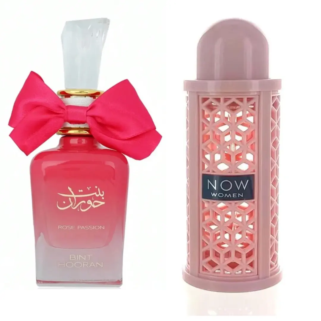 Lattafa Women's BINT HOORAN ROSE PASSION + NOW EDP Cosmetics Fragrance Multi-Pack (2 Pieces), 3.4oz (3 to 3.9 fl oz/100ml) Floral Vanilla Fruity Women's Fragrance Gift