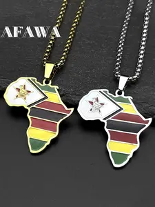 African Zimbabwe Map Flag Pendant Necklace for Women Men Stainless Steel Enamel Gold Color Ethnic Africa Chain Gift