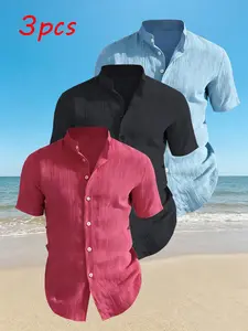 3-Pack Men's Summer Short Sleeve Shirts, Plain No Print Design, Lightweight Breathable Stand Collar Button Shirt, Ideal for Beach Pool