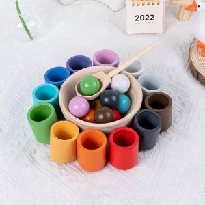 Children's New Educational Fun 12-Color Ball and Cup Color Sorting Wooden Toy Clip Beads Color Cognition Matching Toy