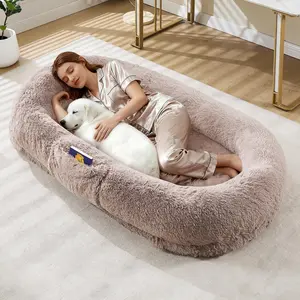 YJ-Garvee 67-Inch Human Dog Bed for Adult & Pets, Removable Faux Fur Human Dogs Bed with Portable Handle, Side Pockets, Egg-Shaped Orthopedic Foam. Large Dog Bed for Living Rooms, Bedrooms, and OfficesMilk coffee color