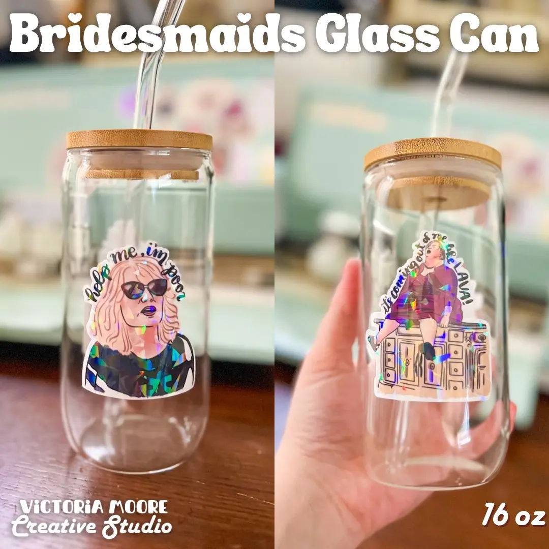 Bridesmaids Glass Can Cup with Straw and Bamboo Lid | Funny Novelty Kristin Wiig & Melissa McCarthy Art Custom Beer Can Glass