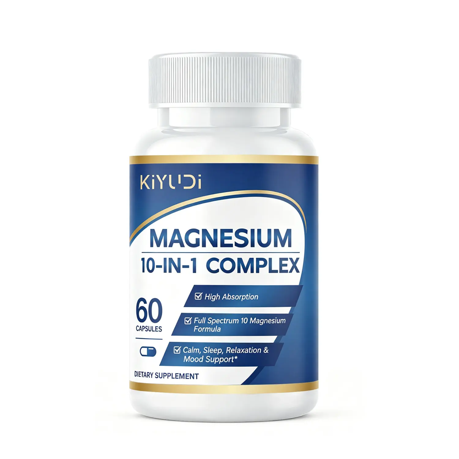 KIYUDI Magnesium 10-in-1 Complex, 60 Capsules, Magnesium Glycinate, Citrate, Malate & L-Threonate, 120 mg per Serving, 30-Day Supply