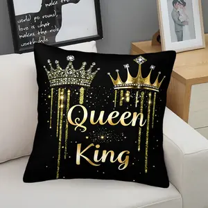 Royal Queen King Crown Throw Pillow, Soft Plush Cushion, Bling Gold Glitter Accent Pillow for Couch, Sofa & Bedroom, Decorative Pillow Cover (Insert Included), Romantic Royalcore Gift for Couples & Women