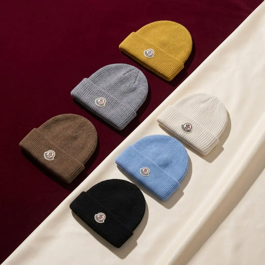 Moncler Style Logo Beanie Hat Multi-Color Variant Grid | Cozy Ribbed Knit Winter Skull Caps | Symmetrical Grid Showcase Profile new, unisex winter warm cap ribbed cuffed beanie mens designer hat womens cold weather headwear outdoor ski cap, gift