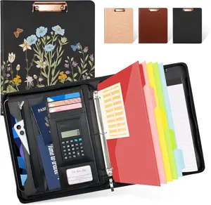 Leather Portfolio Folder with Zipper - 3 Ring Binder with Clipbard - Calculator, 12.1" Tablet Sleeve, 5 Dividers with 10 Pockets, Refillable Notepad, Card Holder (Bushes)