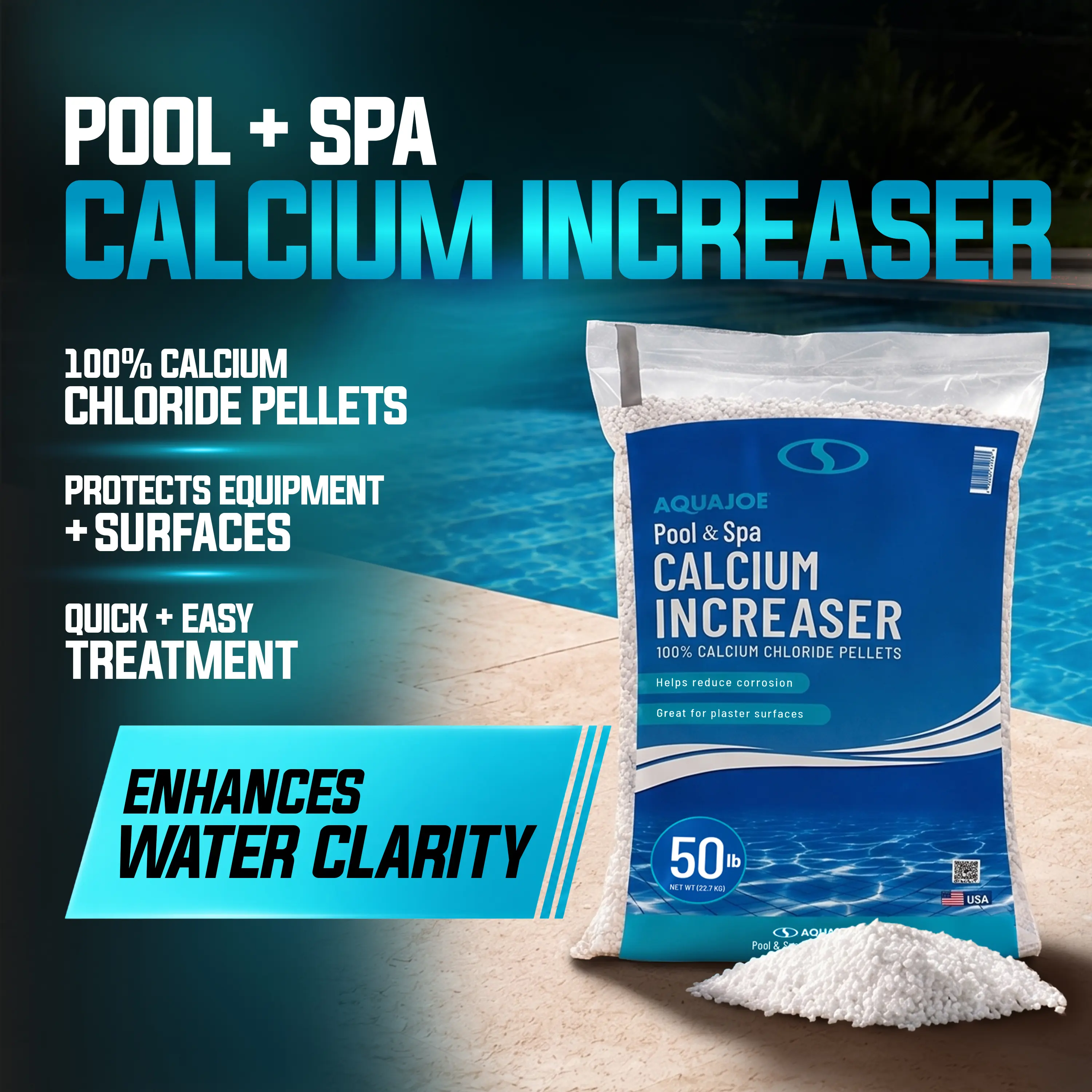 Aqua Joe Pool and Spa Calcium Hardness Increaser | Calcium Chloride Pellets | 50 Lb Bag | Above Ground and Inground Swimming Pools System Accessory for Care, Cleaning, and Maintenance