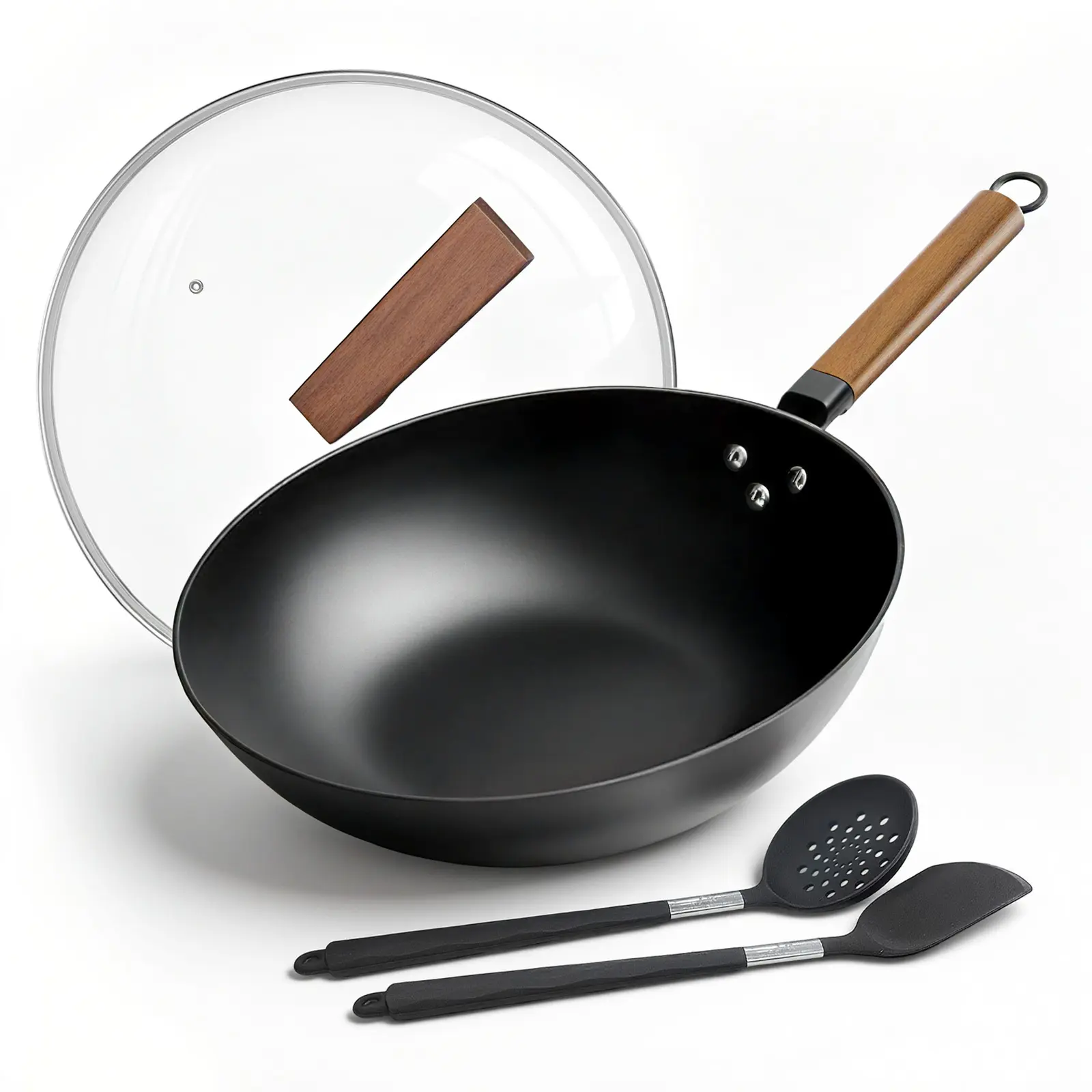 Carbon Steel Wok, New Chinese-Style Pan with lid, 13 Inch carbon steel woks & stir-fry pans nonstick, Suitable for Induction Cooktops, Electric Stoves, and Gas Ranges