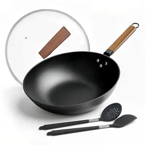 Carbon Steel Wok, New Chinese-Style Pan with lid, 13 Inch carbon steel woks & stir-fry pans nonstick, Suitable for Induction Cooktops, Electric Stoves, and Gas Ranges