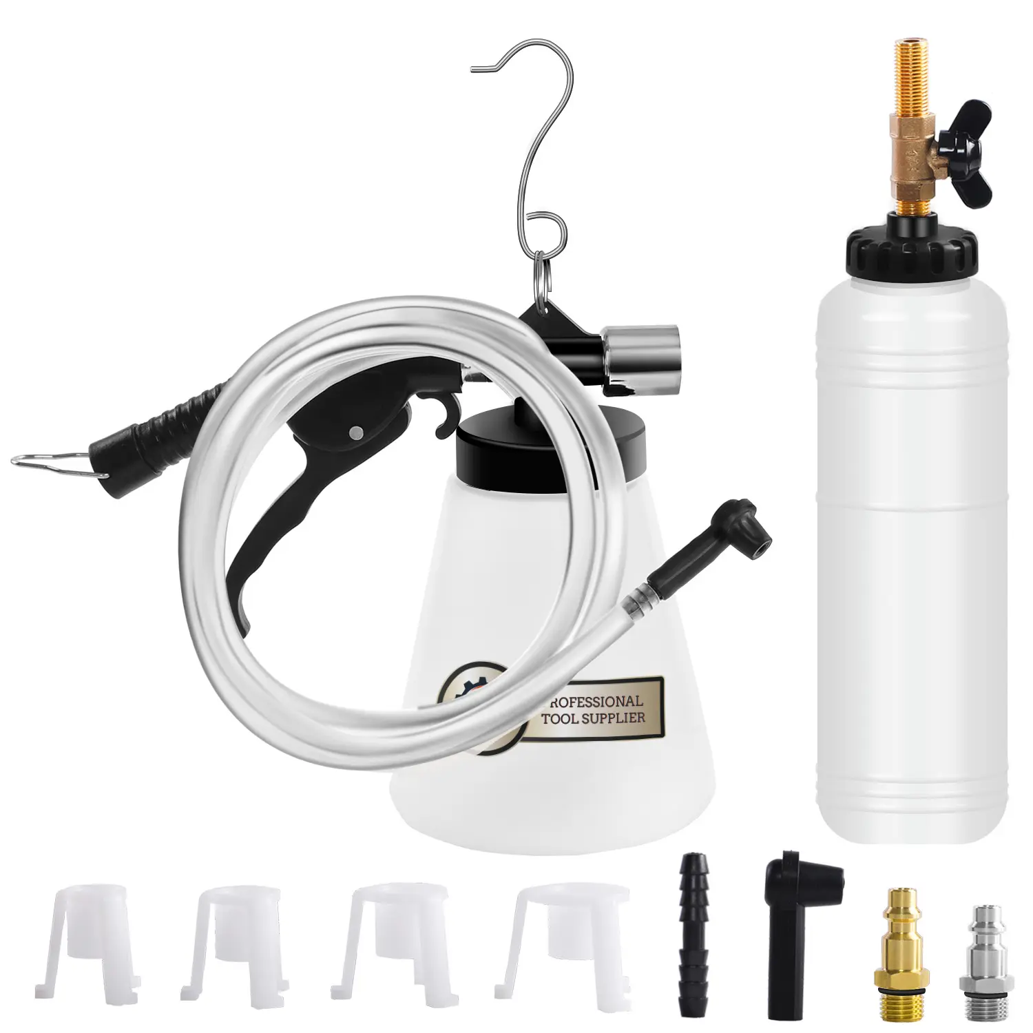 JIFETOR Pneumatic Vacuum Brake and Clutch Fluid Bleeder Tool Kit, Car Truck Motorcycle Brake Oil Change Set with Extractor and Refill Bottle, 4 Master Cylinder Adapters, 2 Air Quick Plugs