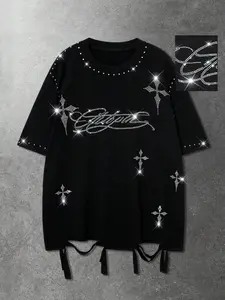 Men's Rhinestone Cross Calligraphy Loose T-Shirt, Gothic Street Style Vintage Drawstring Short Sleeve Top, Casual Fashion Apparel