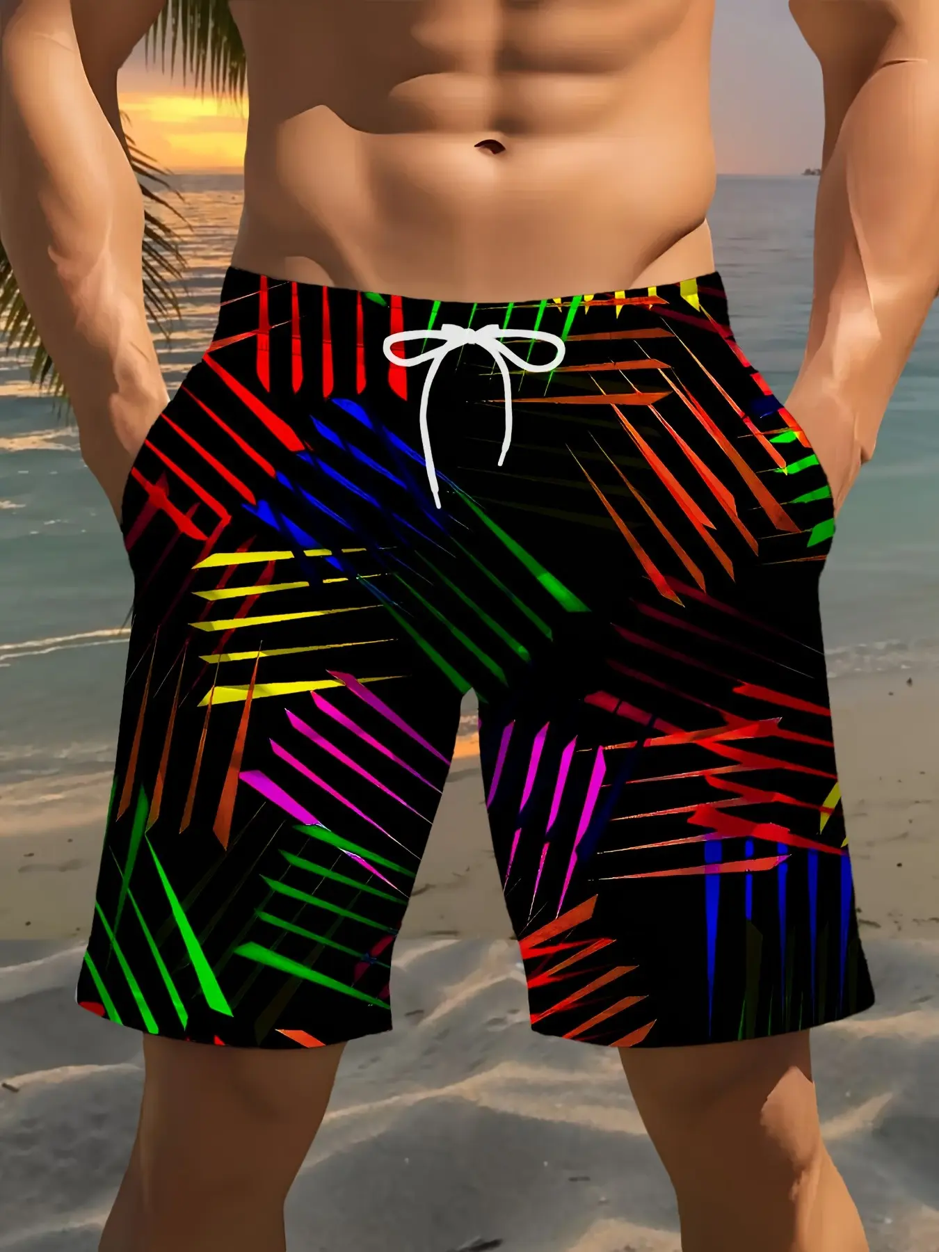 Men's colorful striped beach shorts, Breathable Printed Shorts, Lightweight Workout Shorts, Breathable Athletic Shorts, comfortable, breathable, suitable for summer outdoor sports