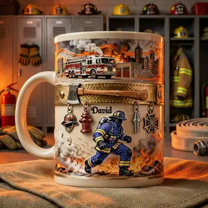 Personalized Firefighter Mug 2D Printed 3D Effect “Brave Firefighter” Coffee Cup Custom Name Unique Hero Design for Firefighters Appreciation Keepsake Gift Idea Birthday Holiday Present for Him Her Fire Service Tribute Mug