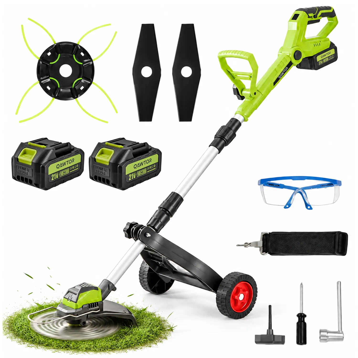 Qawtor 21V Cordless Grass Trimmer, Handheld Electric Lawn Edger with 2 Rechargeable Batteries, Adjustable Height & 90° Rotating Cutting Head, Lightweight Garden Weed Cutter for Yard, Patio & Lawn Care