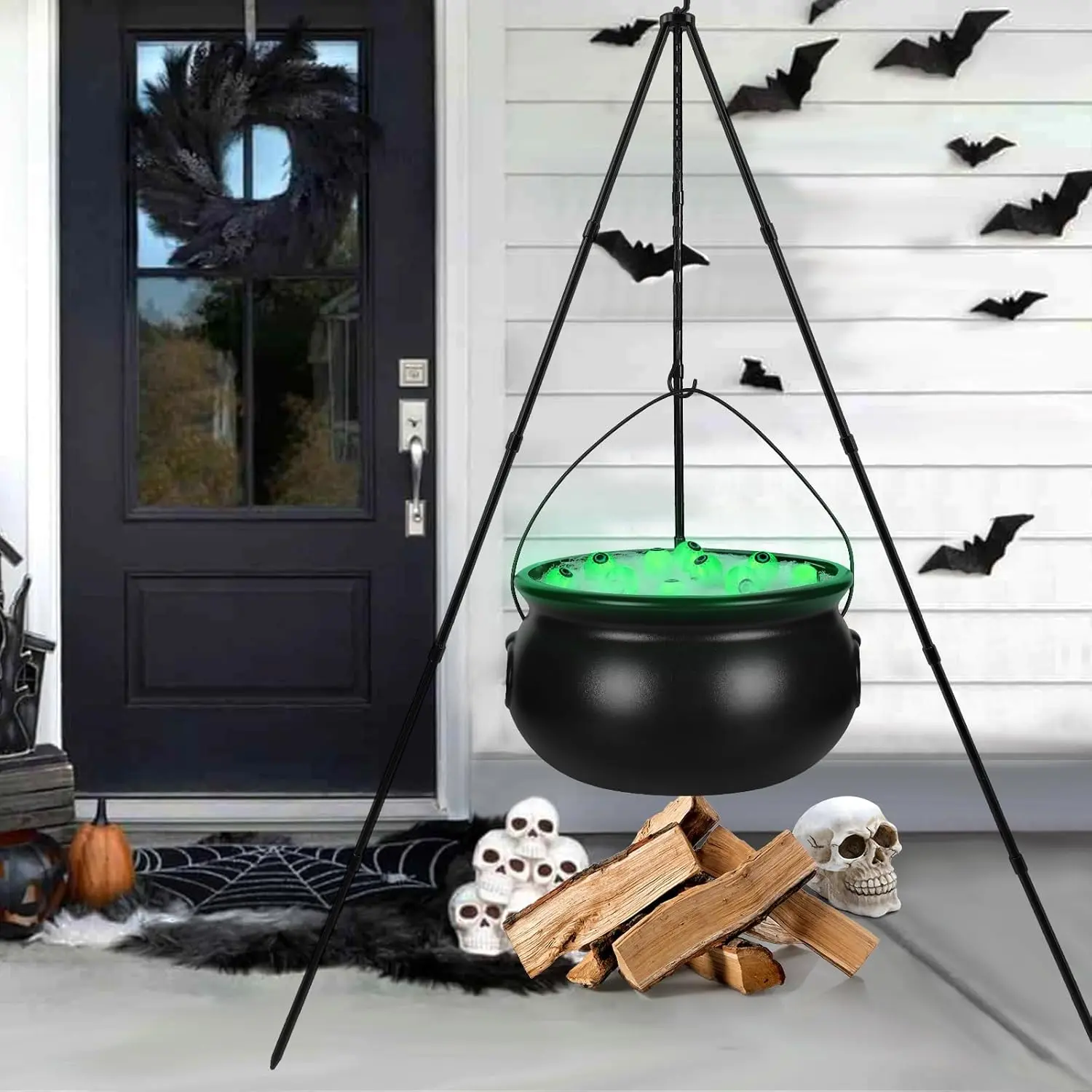 Halloween Decorations Outdoor，Black Plastic Bowl Halloween Party Decoration Large Witches Cauldron on Tripod with String Lights Candy Bucket Decoration for Home Decor Porch Indoor XOYTN