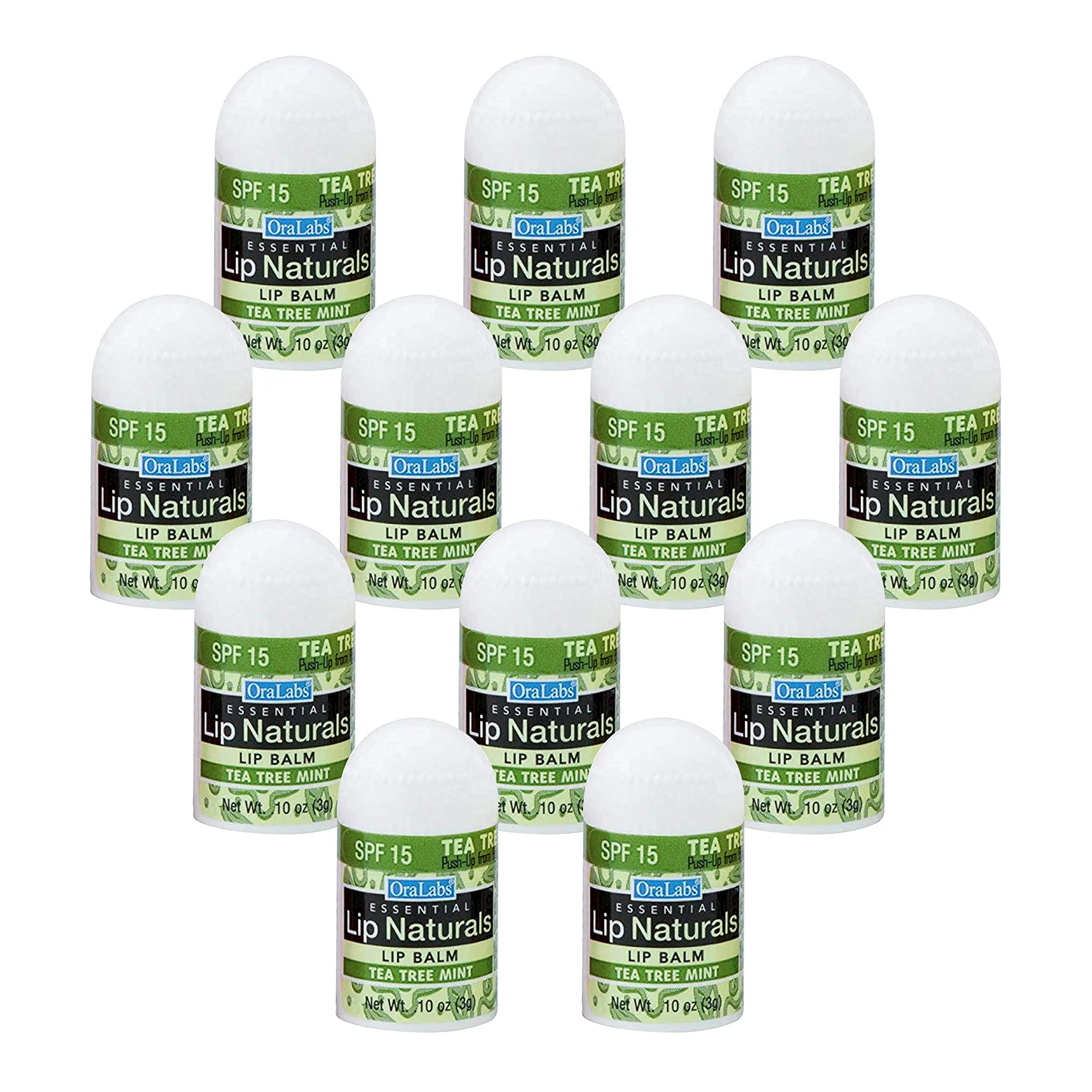Lip Naturals® | Mini Tea Tree Balm with Sunscreen (SPF-15) | Made in USA with Coconut Oil, Tea Tree Oil, and Peppermint Oil | 12-Count Mini Lip Balm Pack with Tea Tree Mint Flavor (0.10oz/3g Each)