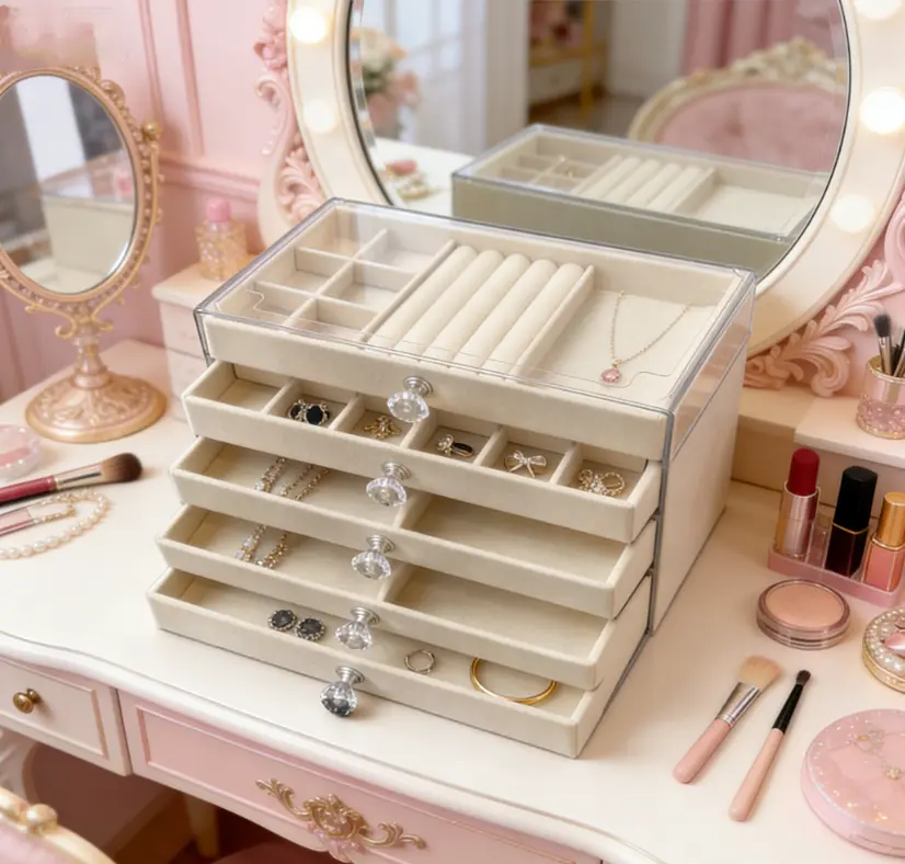 5-Layer Acrylic Jewelry Organizer with Drawers – Clear Lid & Velvet-Lined Storage Box, Multi-Compartment Holder for Earrings, Rings, Necklaces & Bracelets, Elegant Display Case for Women’s Accessories makeup
