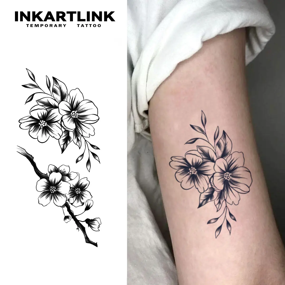 INKARTLINK Tattoo Tech, 2 Sheets Large Semi Permanent Tattoo, Adult Art Design Temporary Tattoos, Lasts 1-2 Weeks, Waterproof, Realistic Look, No Adhesive, No Reflection (Plum Blossom Design)