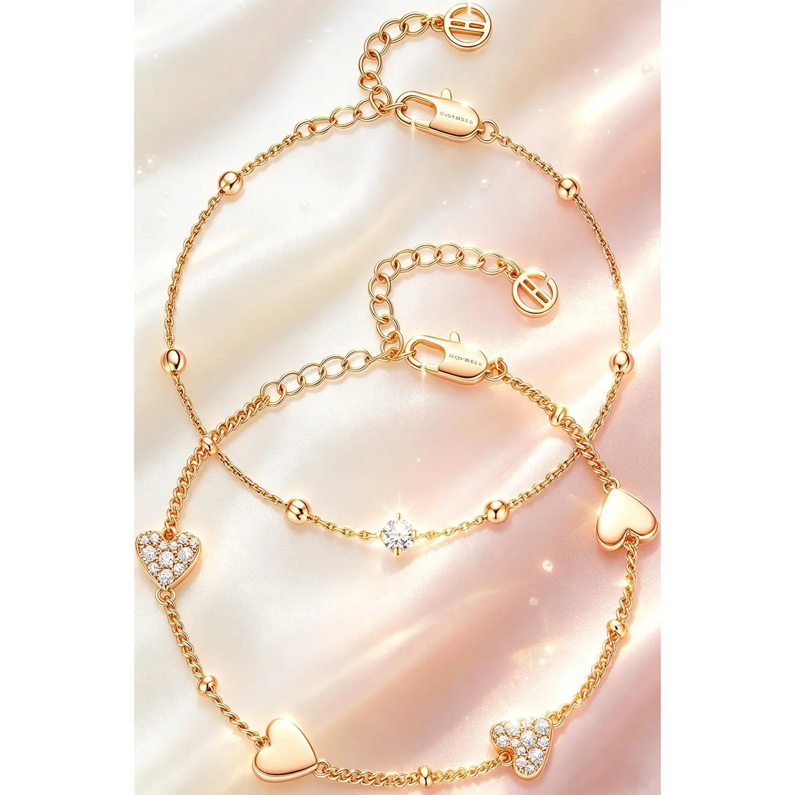 Cicy Bell 18K Gold Plated Bracelets For Women Heart-Shaped Cubic Zirconia Cable with Bead Bracelet stack Trendy Jewelry Gifts
