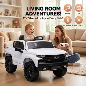 GARVEE 12V Battery-Powered Ride-On Car-Licensed Chevrolet Silverado GMC Truck for Toddlers with Remote Control, MP3/Bluetooth, Spring Suspension, LED Lights, Available in Black, White, Pink, and Red.