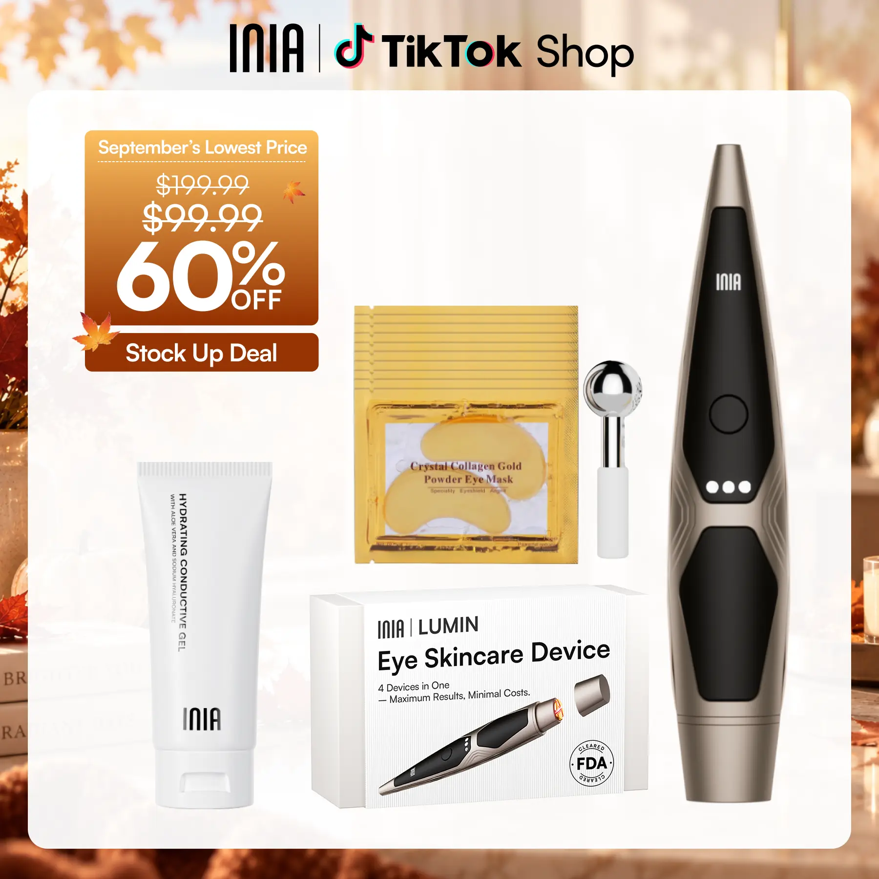 INIA LUMIN 4-in-1 Facial Skin Care Tool Beauty Machine - FDA-Cleared, Rechargeable Battery, 3 Mins Daily for Fewer Lines in 14 Days, Less Puffiness in 21 Days, Lift & Brighten Eyes, Spa-Level Results, Selfcare Summer Gift Idea, Skin Care Tools, Batteries
