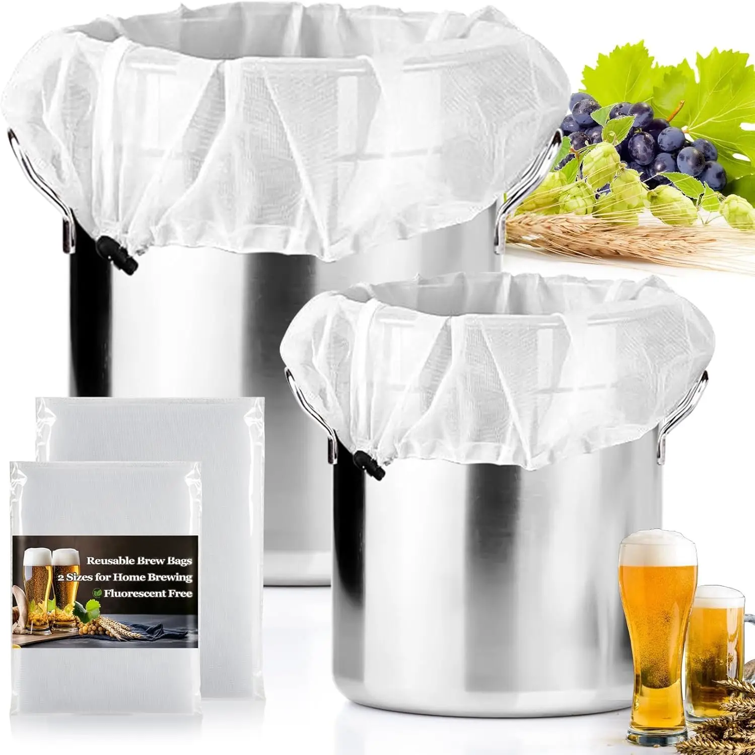 2 Pack  Brew Bags -  Fine Mesh Strainer Bag for  Brewing, 26"x22", 16"x18" Straining Bag for  Grape  Press Fruit Cider Juice Grain Milk Making, Adjustable Drawstring