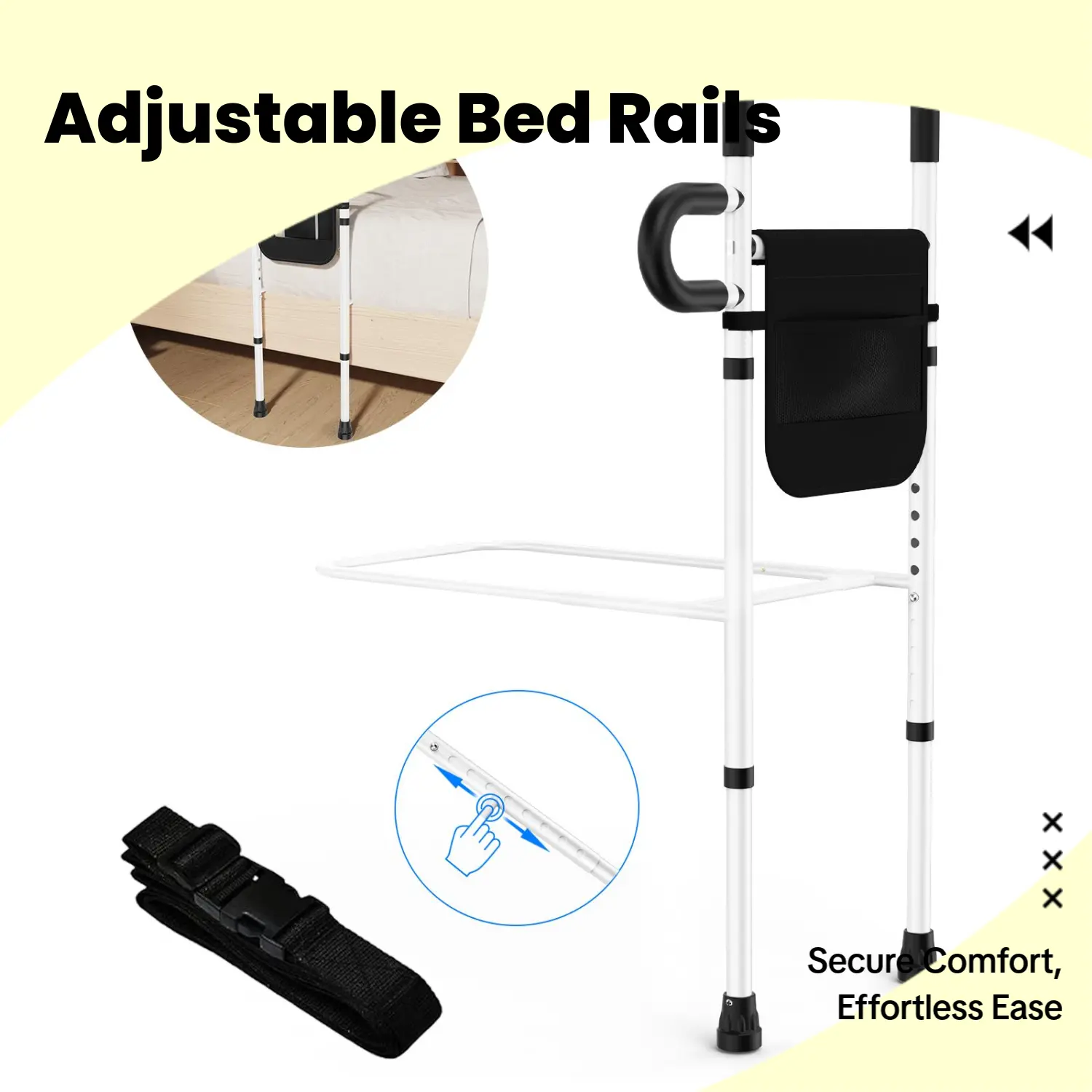 ZEX014-V1 Stainless Steel Bed Rail Guard for Elderly Adults, Bedside Use - Adjustable Full Size Assist Rails, Lightweight Portable Bed Cane, 16-25 In Range, Nylon Mesh Storage Pocket, 330 Lbs Fall Prevention, Hardware-Free Easy Setup Camping Essential