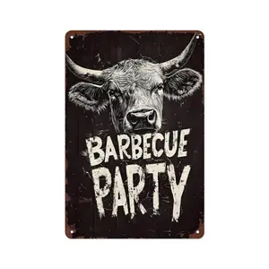 Barbecue Party Vintage Metal Tin Sign, Retro Cow Head Wall Art, Rustic BBQ Decor for Home, Kitchen, Patio, Bar, Man Cave, Funny Grill Gift