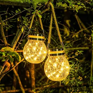 2 Pack Solar Hanging Crackle Glass Jar Lights, Outdoor Waterproof Fairy Lanterns, LED Firefly Lights for Garden Patio Wedding Decor, Solar Decorative Lights
