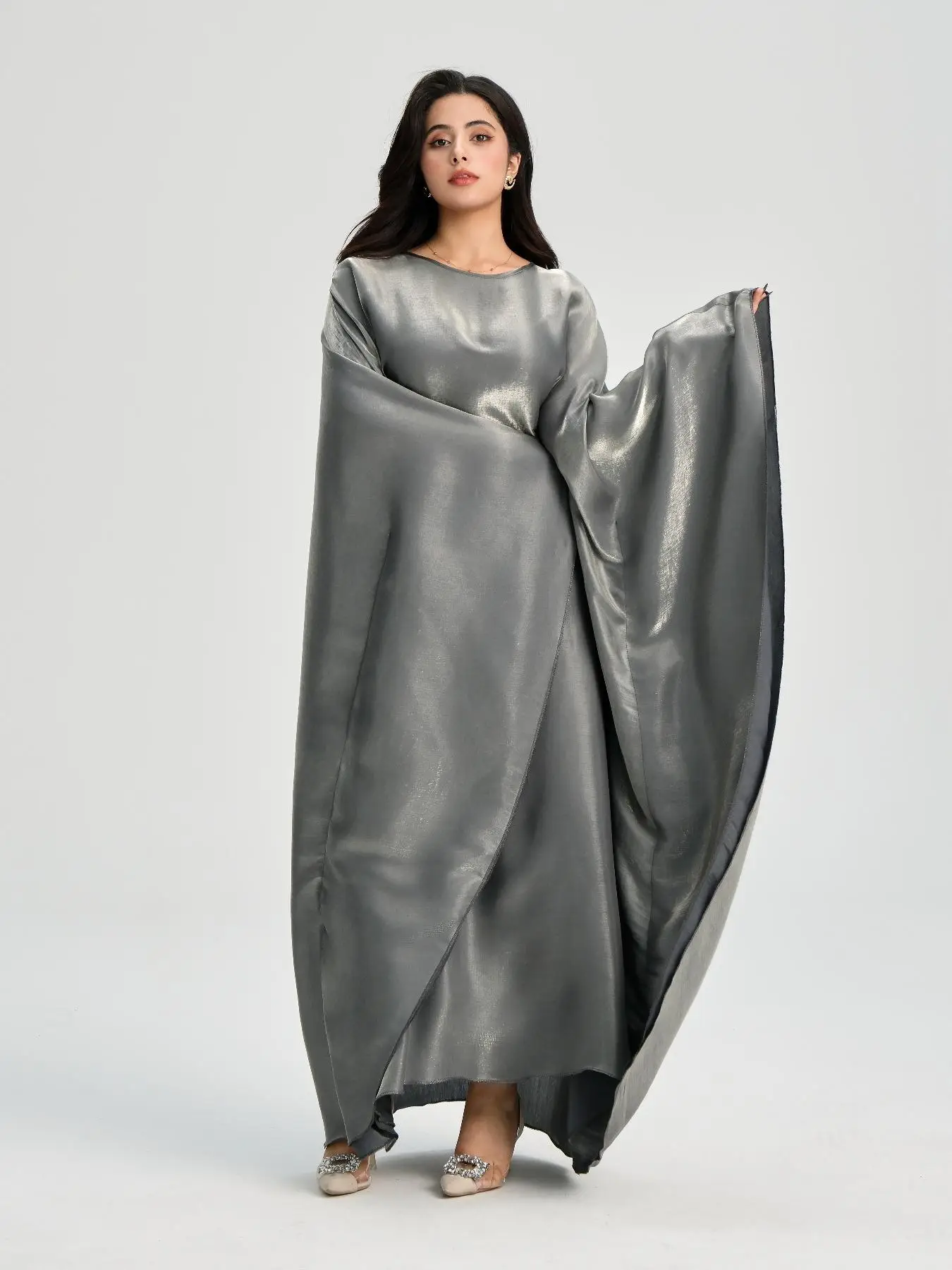 Women's Glitter Batwing Sleeve Abaya with Belt, Modest Long Sleeve Round Neck Abaya for Party Wedding Guest, Ladies Islamic Clothing for All Seasons