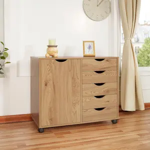 Home Amy 5 Drawer Chest, Wood Storage Dresser Cabinet with Wheels, Craft Storage Organization, Makeup Drawer Unit for Closet, Bedroom, Office File Cabinet 180 lbs Total Capacity - Natural