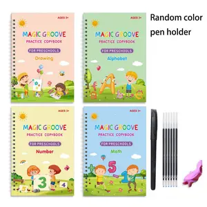 4-piece reusable handwriting practice books with grooved character templates, Stationery set, improve writing speed, 4 books, 1 pen, 10 ink cartridges, 1 pen grip, pre-school enlightenment learning materials