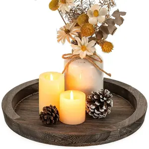 Wooden Tray for Coffee Table: Candle Holder Plate Round Decorative Serving Tray - Vintage Table Centerpiece Rustic Farmhouse Home Decor